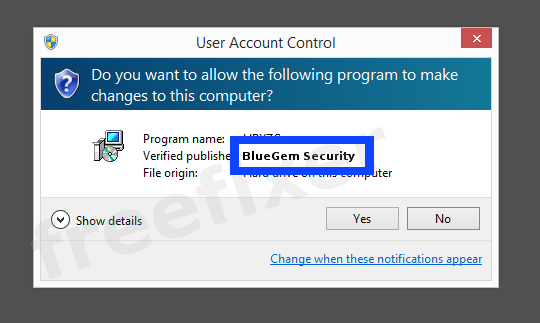 Screenshot where BlueGem Security appears as the verified publisher in the UAC dialog